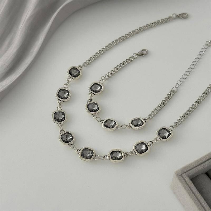 Adjustable Black Diamonds Necklace Matching Bracelet Alloy Texture for Comfortable Everyday Wear Versatile Accessory