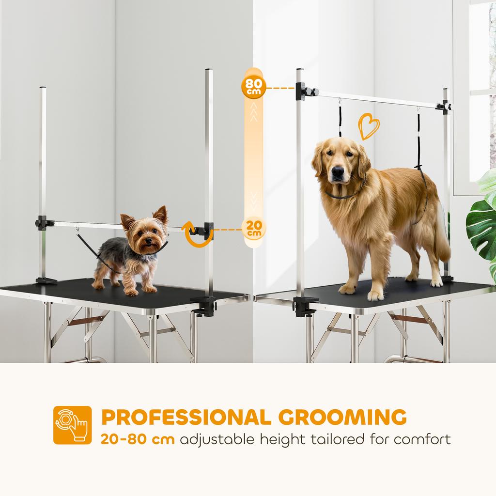 42" Dog Grooming Table, Adjustable Pet Cat Drying Beauty Table with 2 Loops Storage Basket, Rubber Top, Black