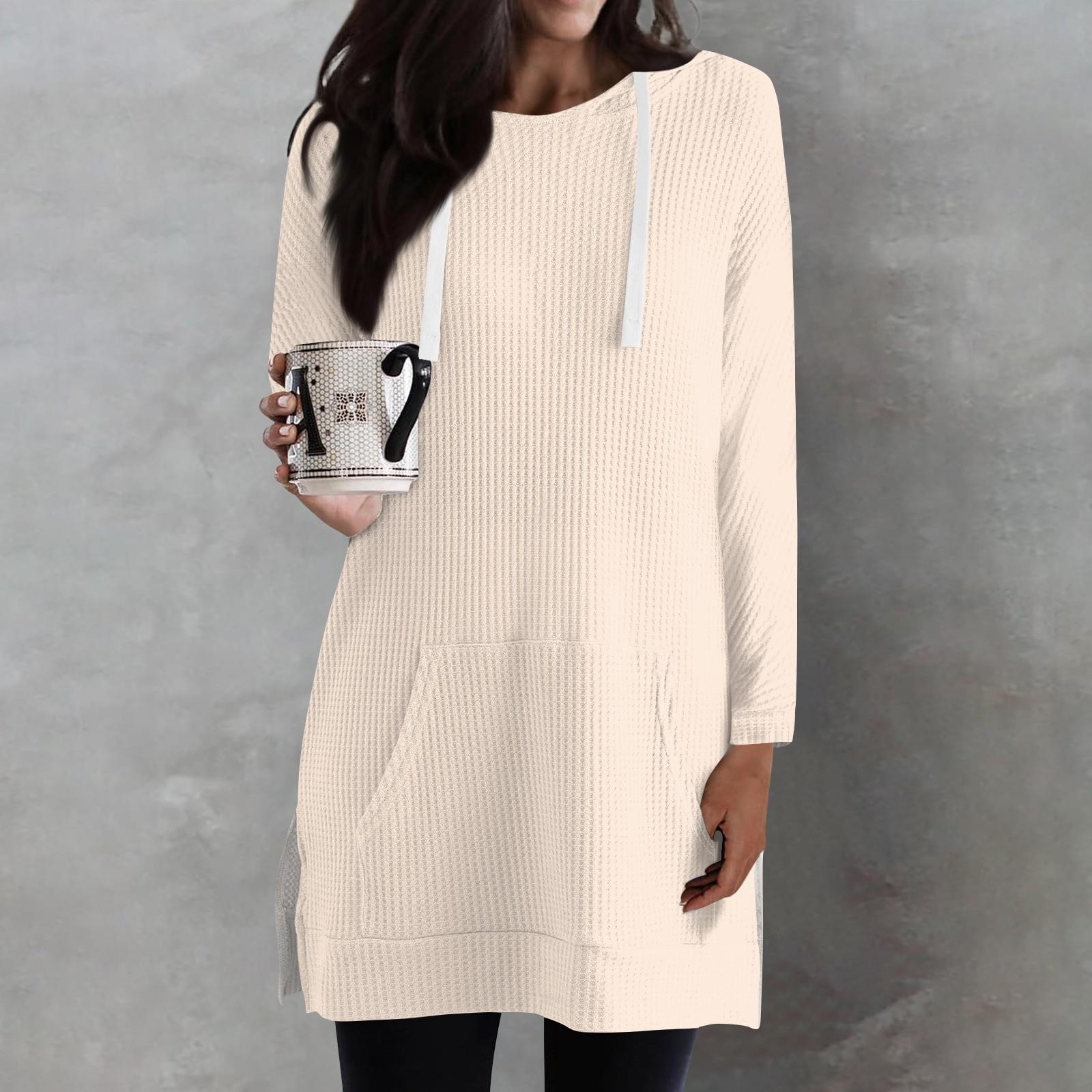 

Женские однотонные свободные рубашки с длинным рукавом, толстовки с капюшоном и завязками, трикотажные туники с боковыми разрезами и карманами XXXL бежевый