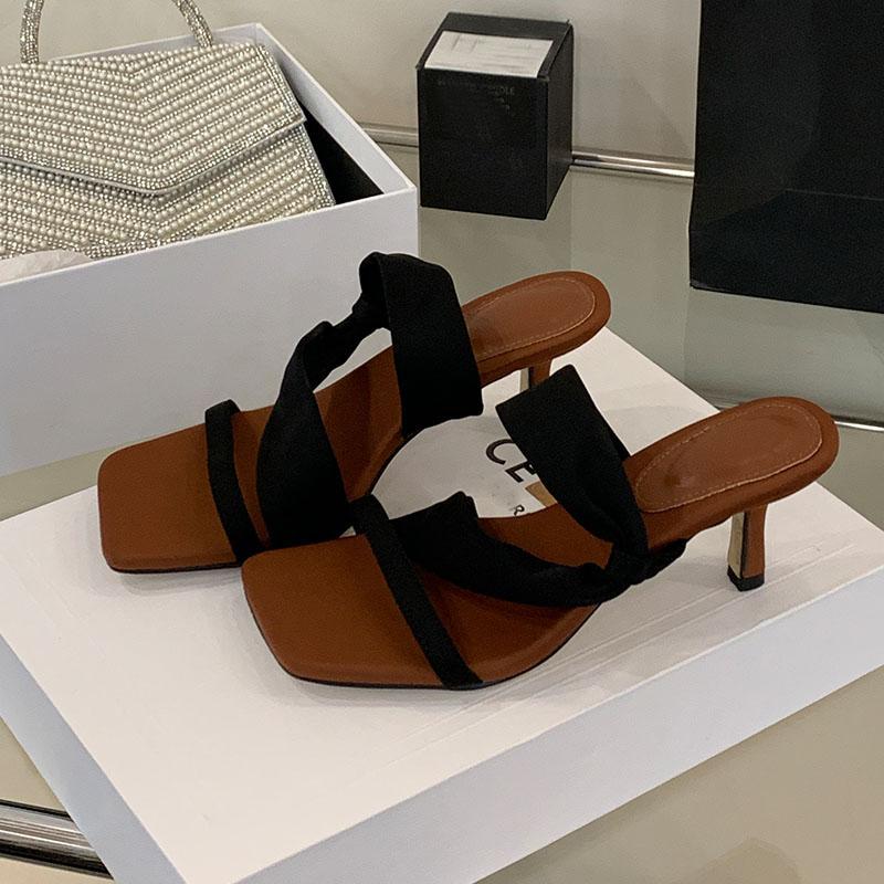 Fashion Fashion Square Toe Ladies Thin Heels Sandals Slides Shoes Summer Spring Elegant Women Heeled Sandals Shoes Female Footwear