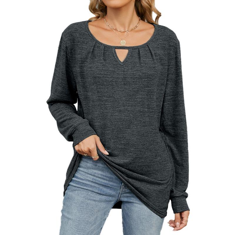 Autumn Winter Solid Color Wrinkled Brushed Hollow Loose Long Sleeved T-shirt for Women Shirt