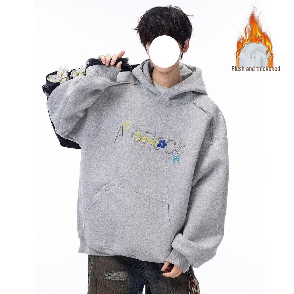 Men's Autumn/Winter American Letter Embroidered Hooded Sweatshirt - Loose Fit, Plus Velvet, Thickened Heavyweight Casual Hoodie Jacket