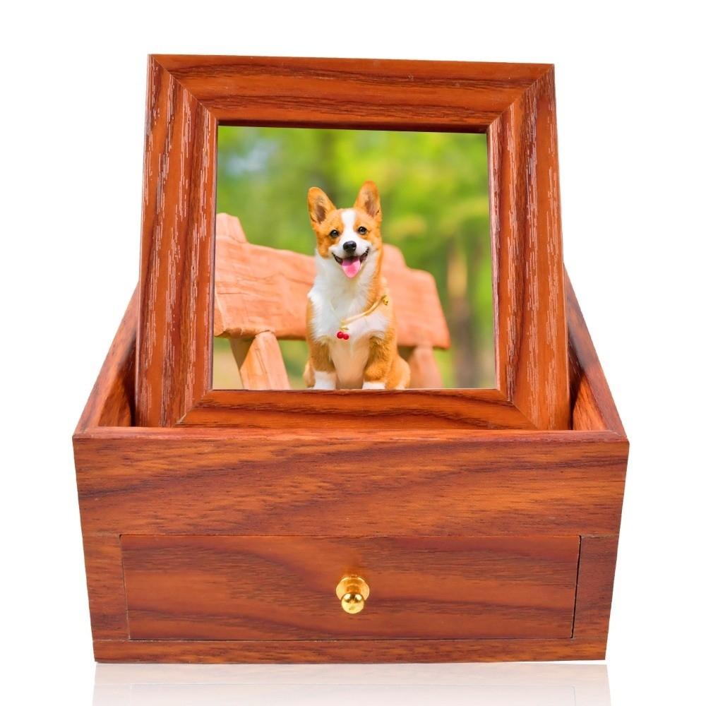 Wooden Pet Ashes Storage Box with Photo Frame Square Dog Ashes Container Dustproof with Drawers Pet Commemorative Urn