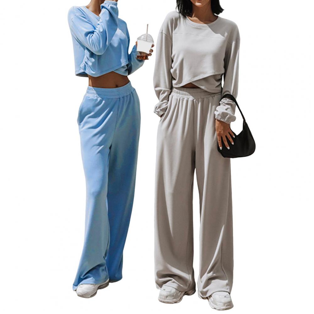 2 Teile/satz Frauen Top Hosen Set Rundhals Langarm Unregelmäßigen Kreuz Saum Sweatshirt Reine Farbe Stretchy Hohe Taille Breite Bein Trou
