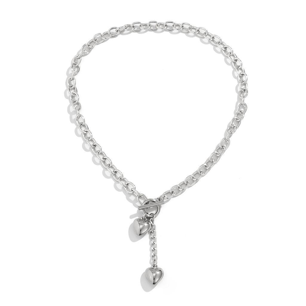 KunJoe Vintage Metal Heart Pendant Necklace for Women Punk Silver Color OT Buckle Long Cross Chain Choker Necklace
