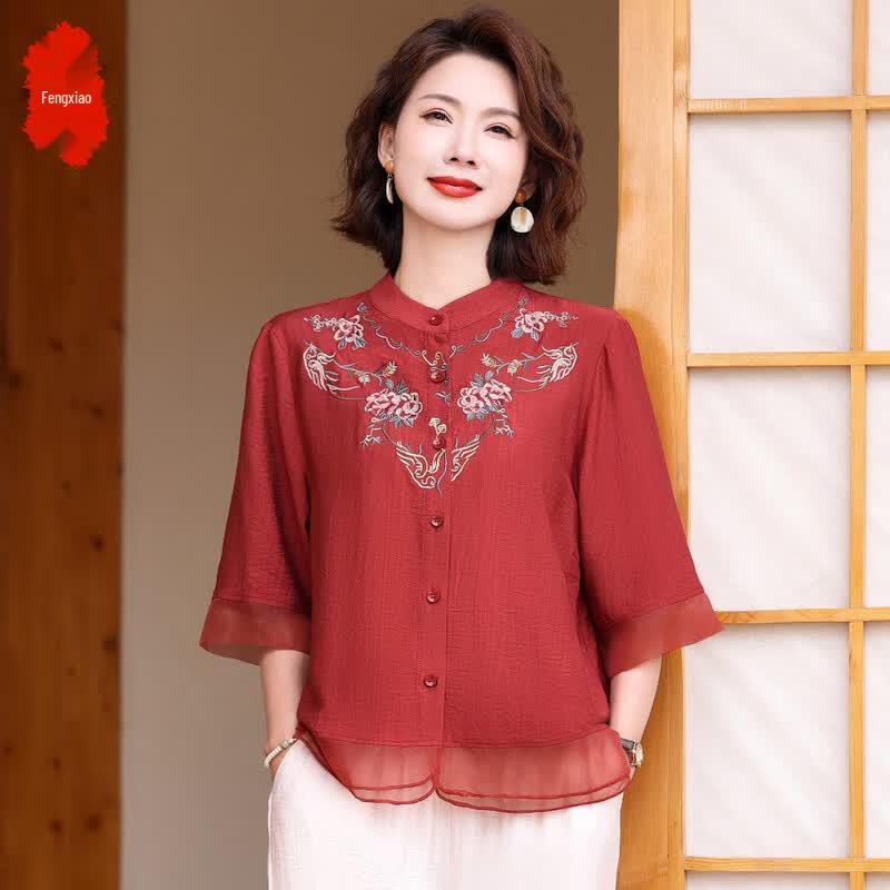 Women s Embroidered Cotton Linen Short Sleeve Set 2XL