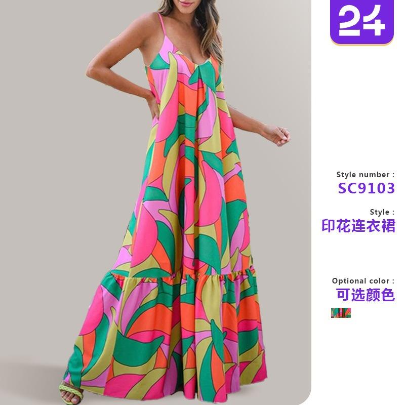 New spring and suer women's deep V backless dress Bohemian floral suspender long skirt