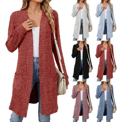 Women's  Fashion Casual Long Solid Color Long Sleeve Loose Pocket Cardigan Jacket