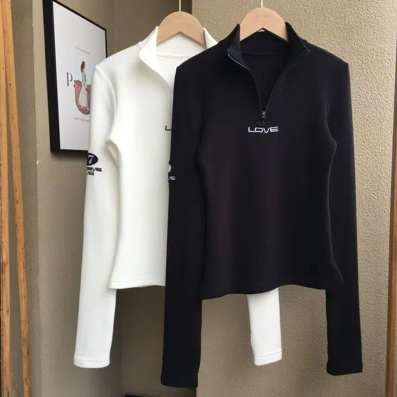 Women's Long-Sleeve T-Shirt Fall Sexy Slim Fit Stand Collar Zipper Double-Sided Fleece Base Shirt