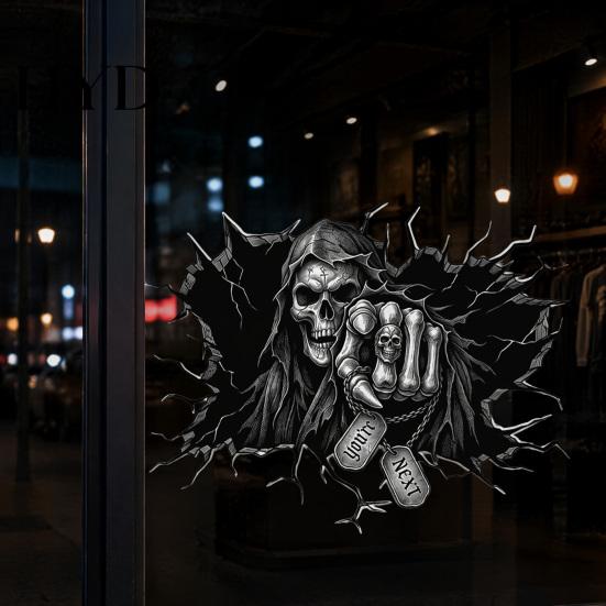 Adesivo Decalcomania da Parete Falce Fauchard, Decalcomania Artistica 3D che Attraversa, Teschio Spaventoso Decorazione Halloween Murale per Casa Bar Pub Feste Materiale PVC Impermeabile