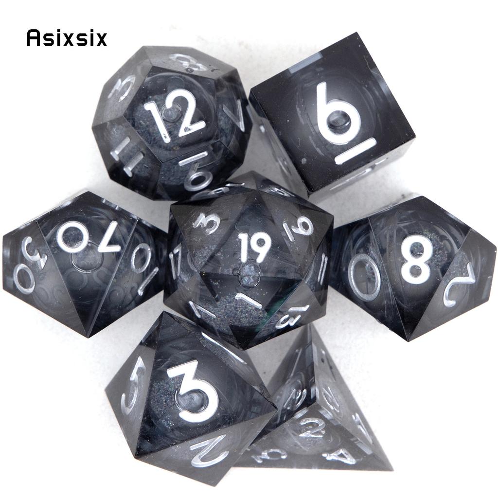 7 Pcs Black Resin Flowing Sand White Number Sharp Edge Dice Polyhedral Dice Suitable for RPG Board Game