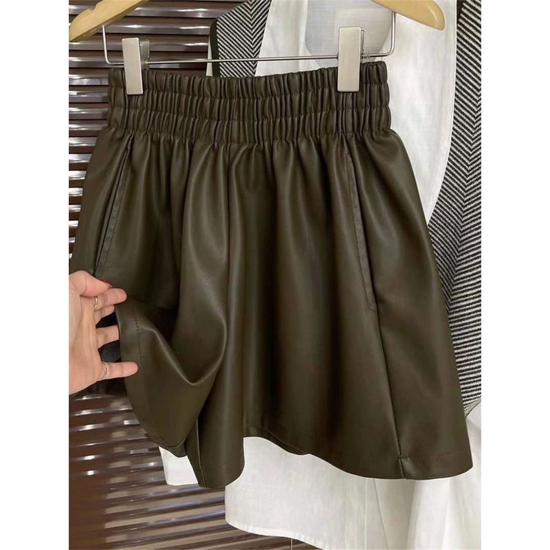 

Retro PU Leather Pants Female Plus Size Fall and Winter Fashion Wind Straight Casual Pants Slim Looking Maillard High Waist Wide Leg Shorts Coffee M