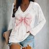 Spring V-Neck Long Sleeve T-Shirt Digital Print Loose Fit Women's Style Valentine's Day Special Edition Fashionable Casual Top