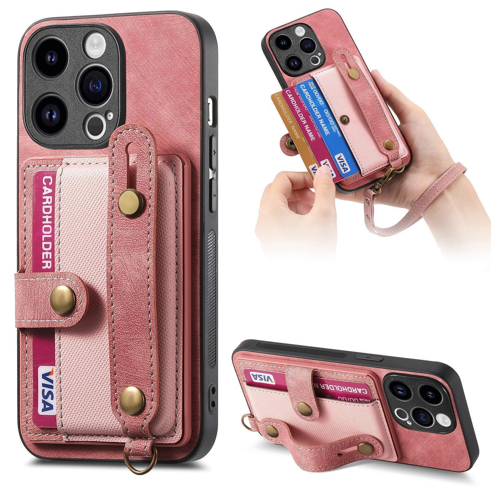 

Wristband lanyard card bag is suitable for Apple 15promax mobile phone case 14Plus leather case 13 all-inclusive 12 cards 11. iPhone 15 розовый