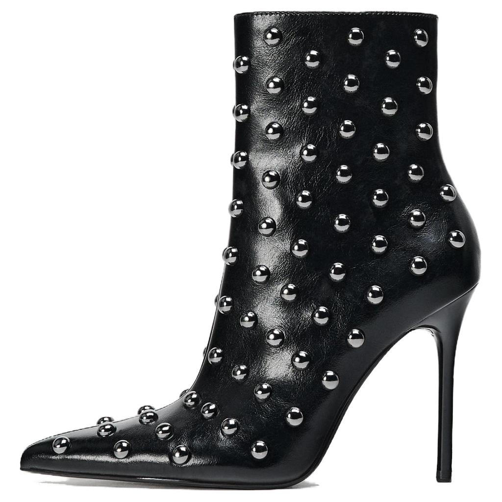 Zara Fashionable High Heeled Pointed Toe Ankle Boots With Metallic Decoration Women Boots Black 13140410-38