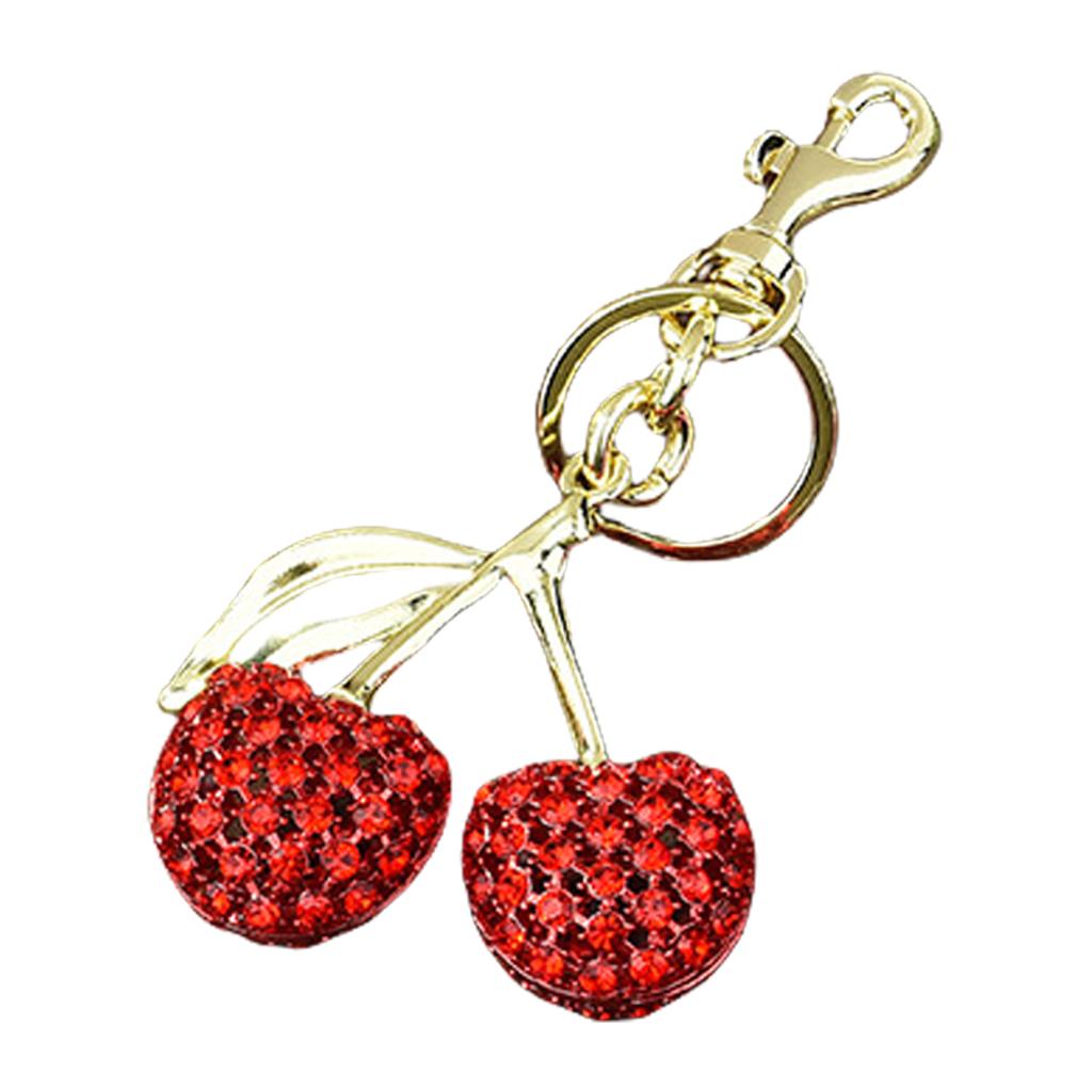 Sparkling 3D Cherry Keychain Charm Bag Accessory Fashionable Rhinestones Fruit Shaped Key Ring Ornament for Women