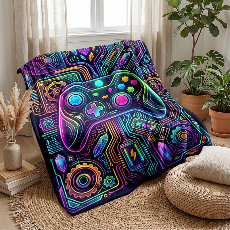 Neon Game Controller Tech Art Theme blanket Lightweight Warm Flannel Blanket Decorative Throw Blanket for Home Decoration