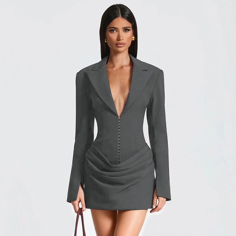 

European Women s Deep V Lapel Dress - Pleated Waist, Solid Color, Versatile Casual Style Large