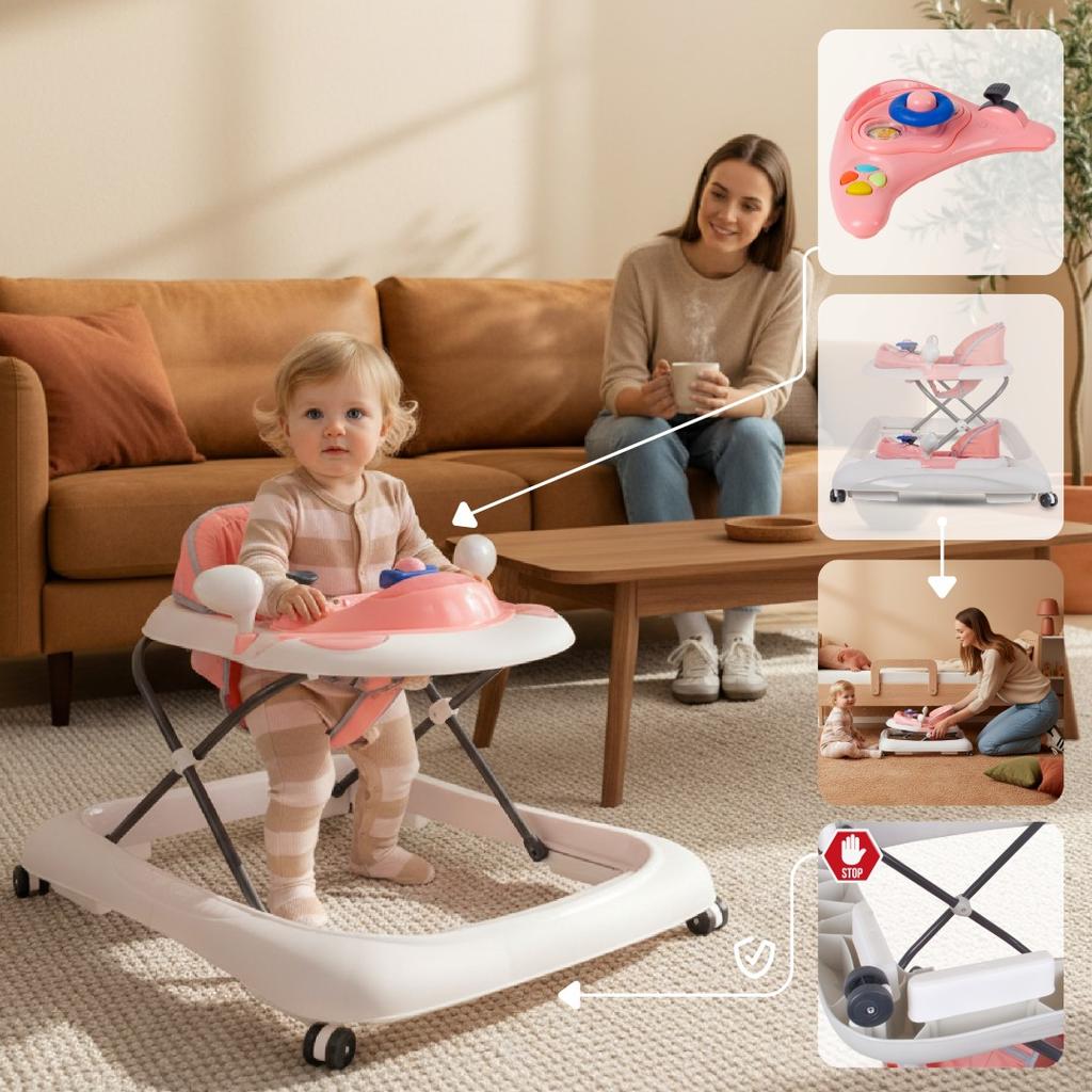 Interaktiver Lauflerner für Babys, höhenverstellbar, Schiebestange, Stopper, Pink und Grau