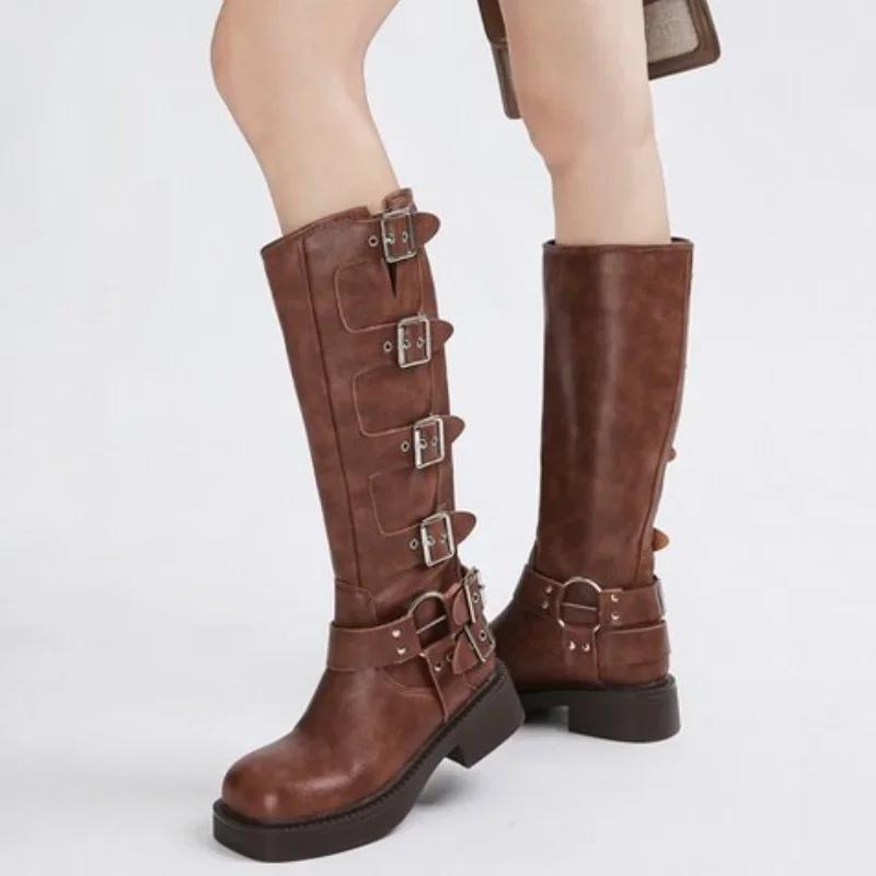 2024 New Hot Selling Knee High High Heels Low Heel Trend Punk Goth New Rock Leather Fashion Women's Boots Motorcycle Shoes