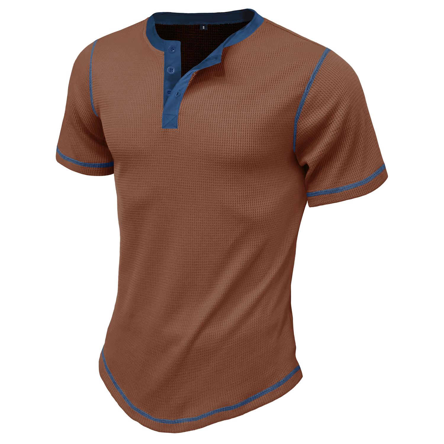

Men’s Summer Short Sleeves T-Shirt Waffle Color Block Henley Shirts Retro Menswear Pullovers Daily Casual Outwear S коричневый