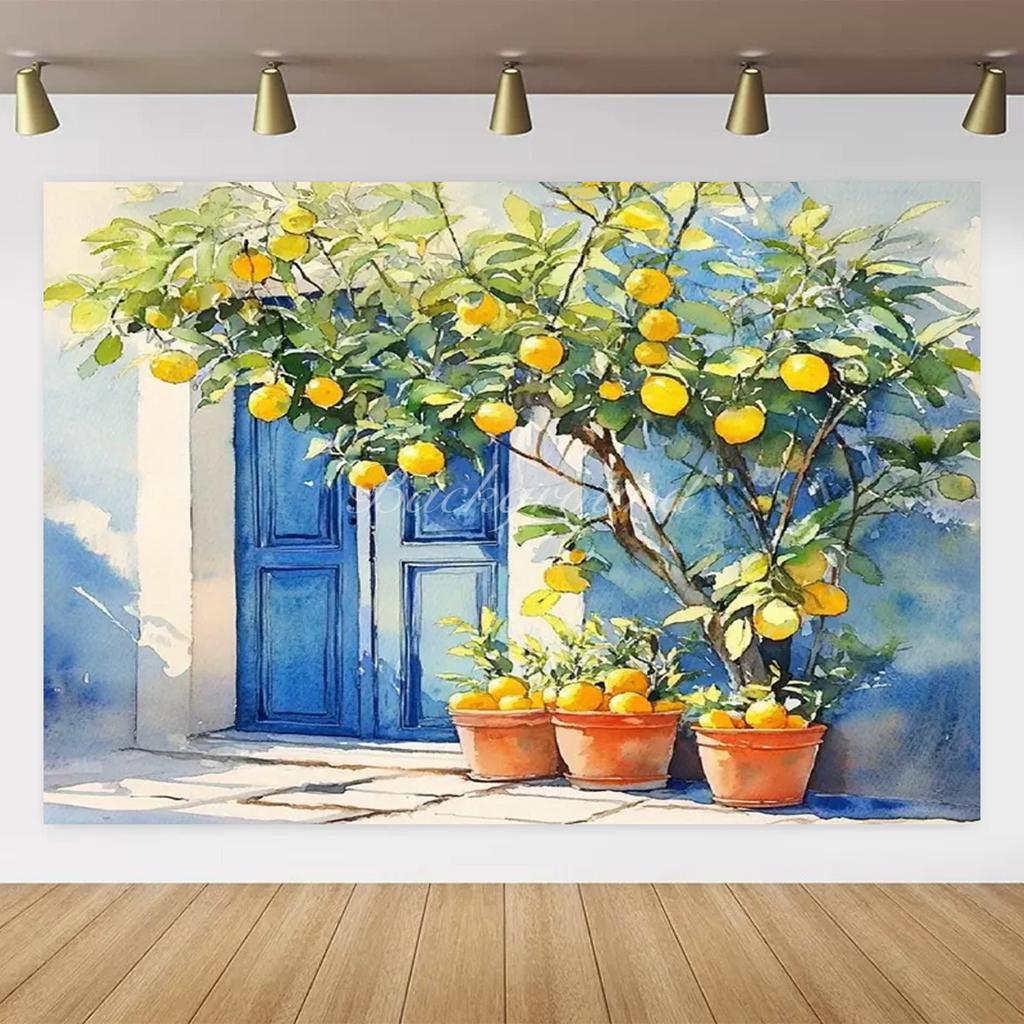 Banner Background with Lemon Tree Harvest Theme and Mediterranean Landscape Garden, Anniversary Room Decoration, Photo Backdrop