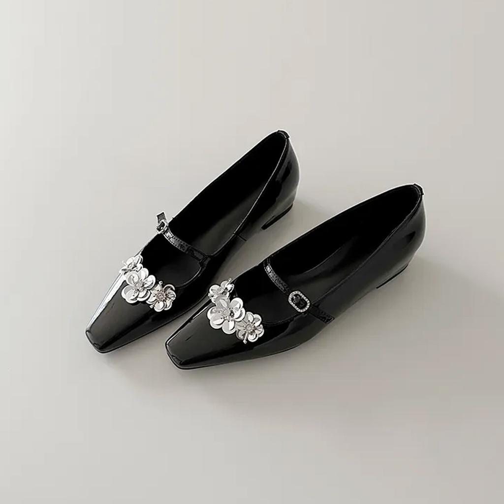 Sheepskin~ French flower silver Mary Jane shoes femininity square head light mouth with skirt inner height-increasing commuting shoes