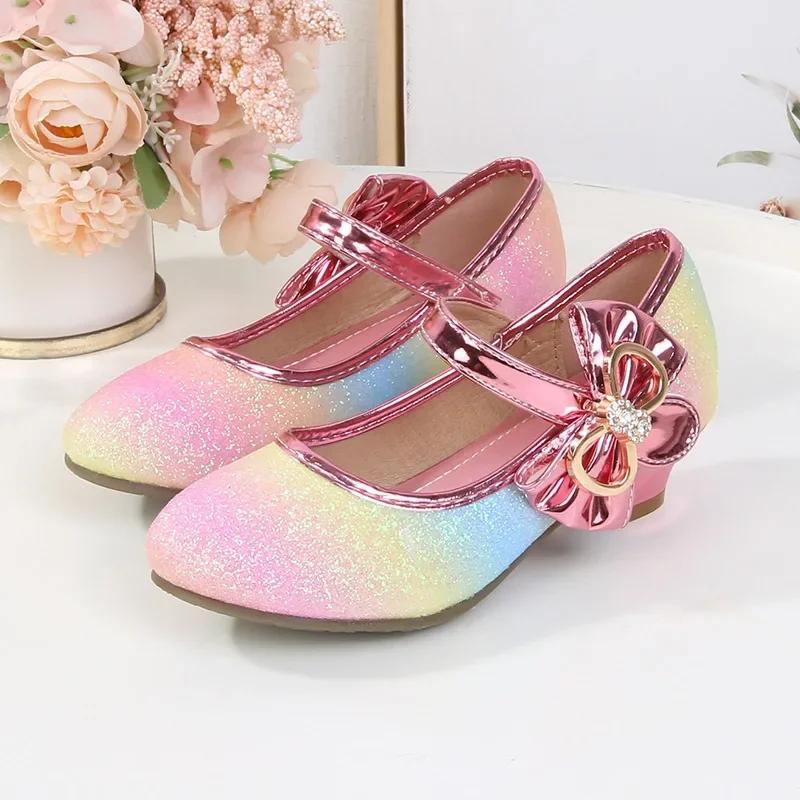 New Luxury Girl Shoes Sweet Sequins Kids Leather Shoe for Princess Wedding Party Fashion Elegant Versatile Children High Heels