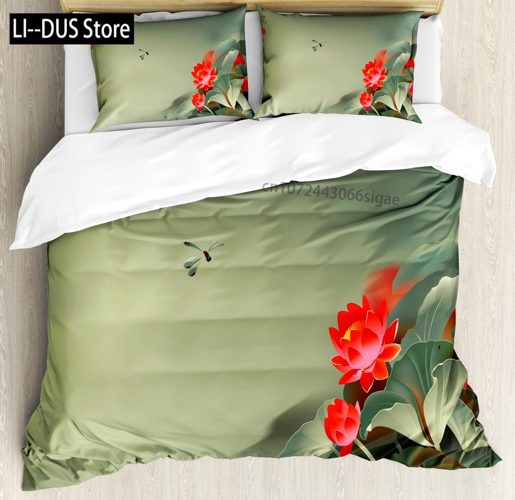 Watercolor Lotus Duvet Cover SetDecorative 3 Piece Bedding Set With 2 Pillow Shams Queen King Full Size All-Season Room Decor
