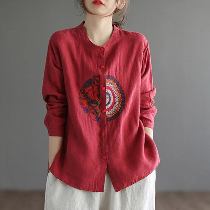 Women Vintage Embroidery Button Up Shirts Elegant Stand Collar Cotton Linen Blouses Casual Long Sleeve Oversized Irregular Tops