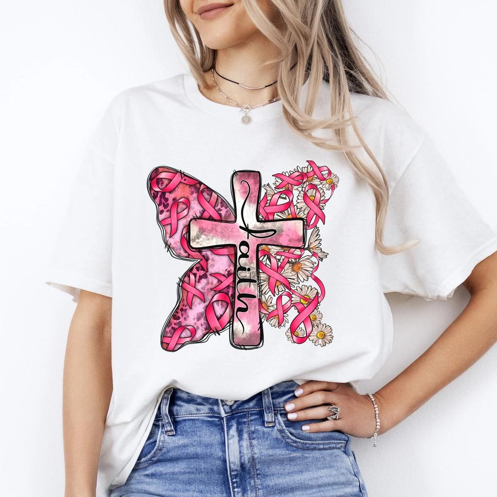 Faith cancer cross T-Shirt gift Breast cancer awareness pink ribbon Tee Sand Whi