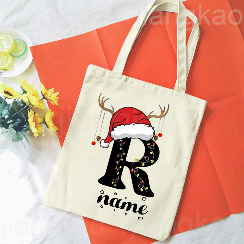 Personalized Christmas Gift Bag Initial with Name Christmas Sack Alternative Stocking Filler Bags Xmas Eve Pouch Gift for Kids