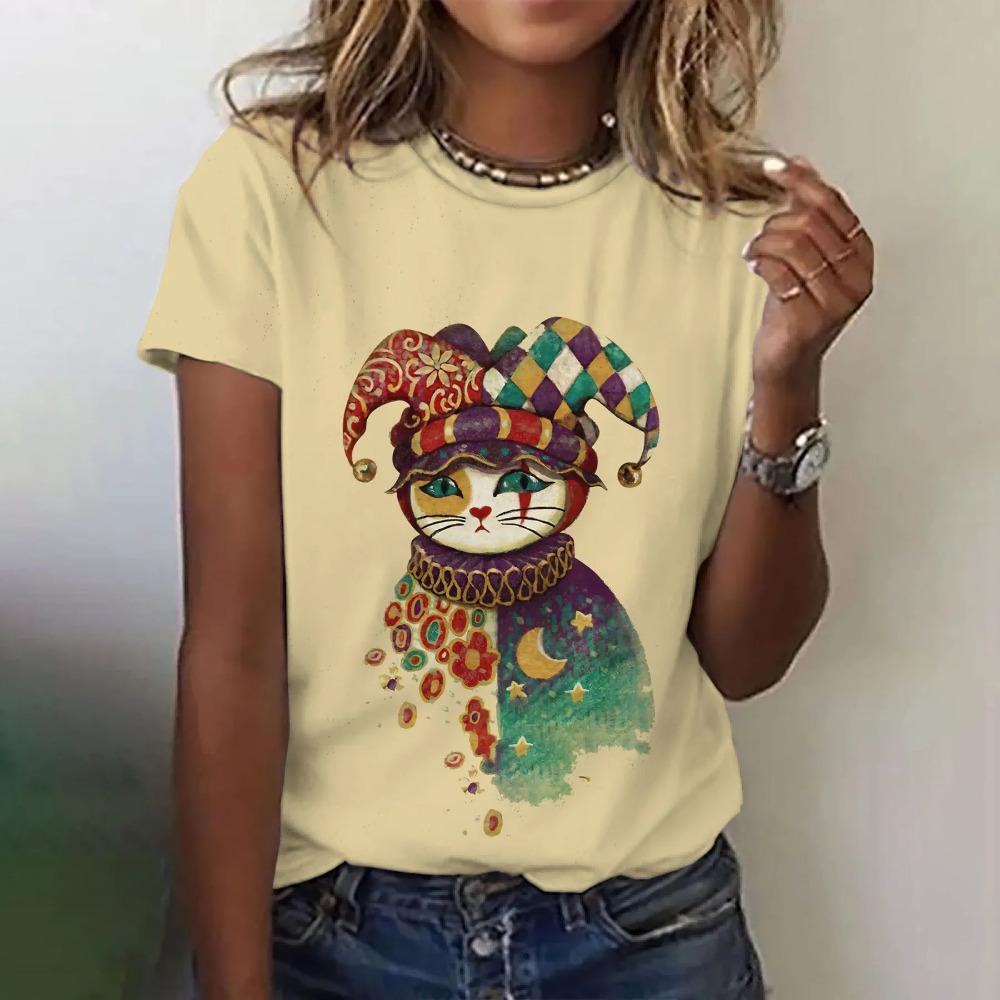 Cute cat 3D printed women's loose round neck short sleeved T-shirt