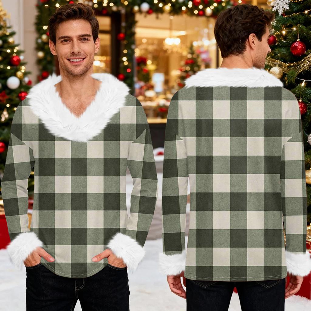 Men's Christmas Printed Fleece Lined Hoodie | Faux Trim Party Sweatshirt With Pocket | Plus Size Loose Fit Holiday Pullover