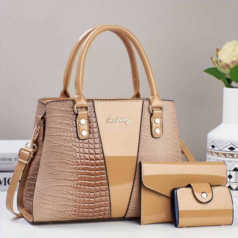 3-teiliges Elegantes PU Handtaschen-Set, Krokodilmuster Große Kapazität Umhängetasche mit Münzfach und Kartenhalter, Geprägte Tragetasche