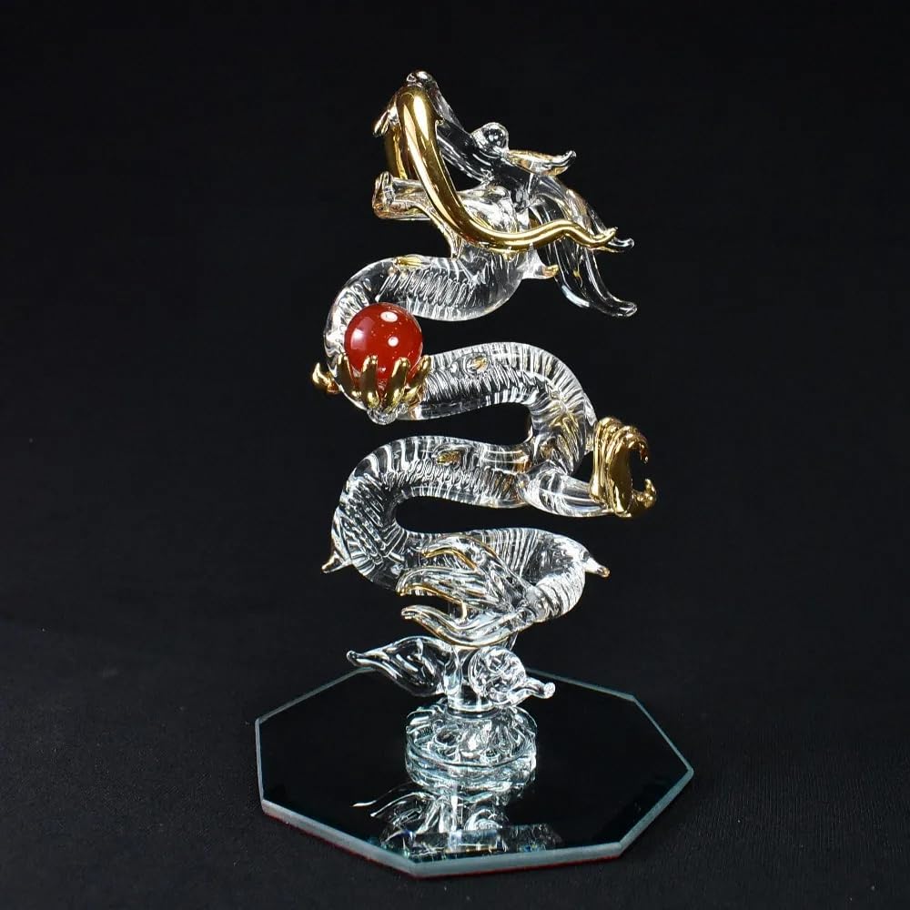 Fourcart Cute Handmade Glass Craft with Natural Stone Rising Dragon (Red Agate)