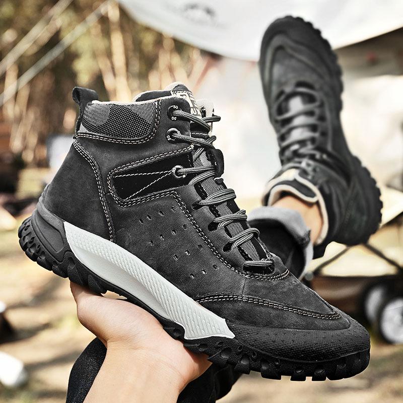 Men's Waterproof Genuine Leather High-top Hiking Shoes - Anti-slip, Warm, Plus Velvet, Thick Sole