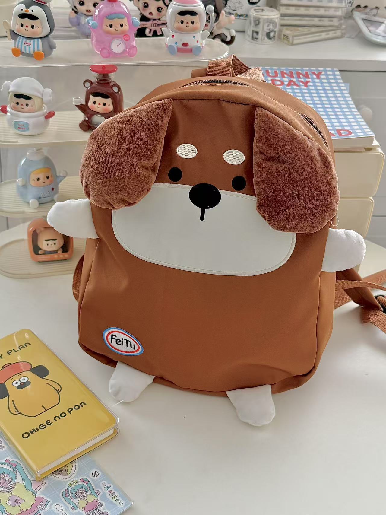 Women Cute cartoon brown puppy backpack girls funny dog schoolbag