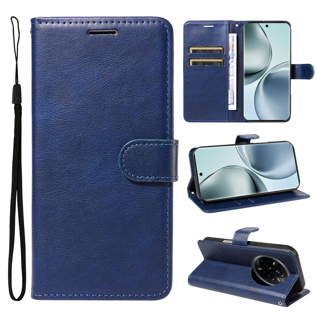 For Realme 14 Pro 5G Leather Wallet Case with Strap Solid Color Phone Stand Cover