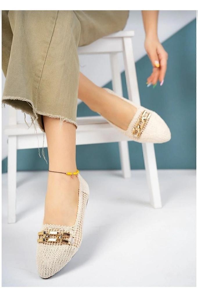 Women's Fashion Flat Heeled Ballerina Shoes with Chain Detail and Knitted Ballerina Shoes