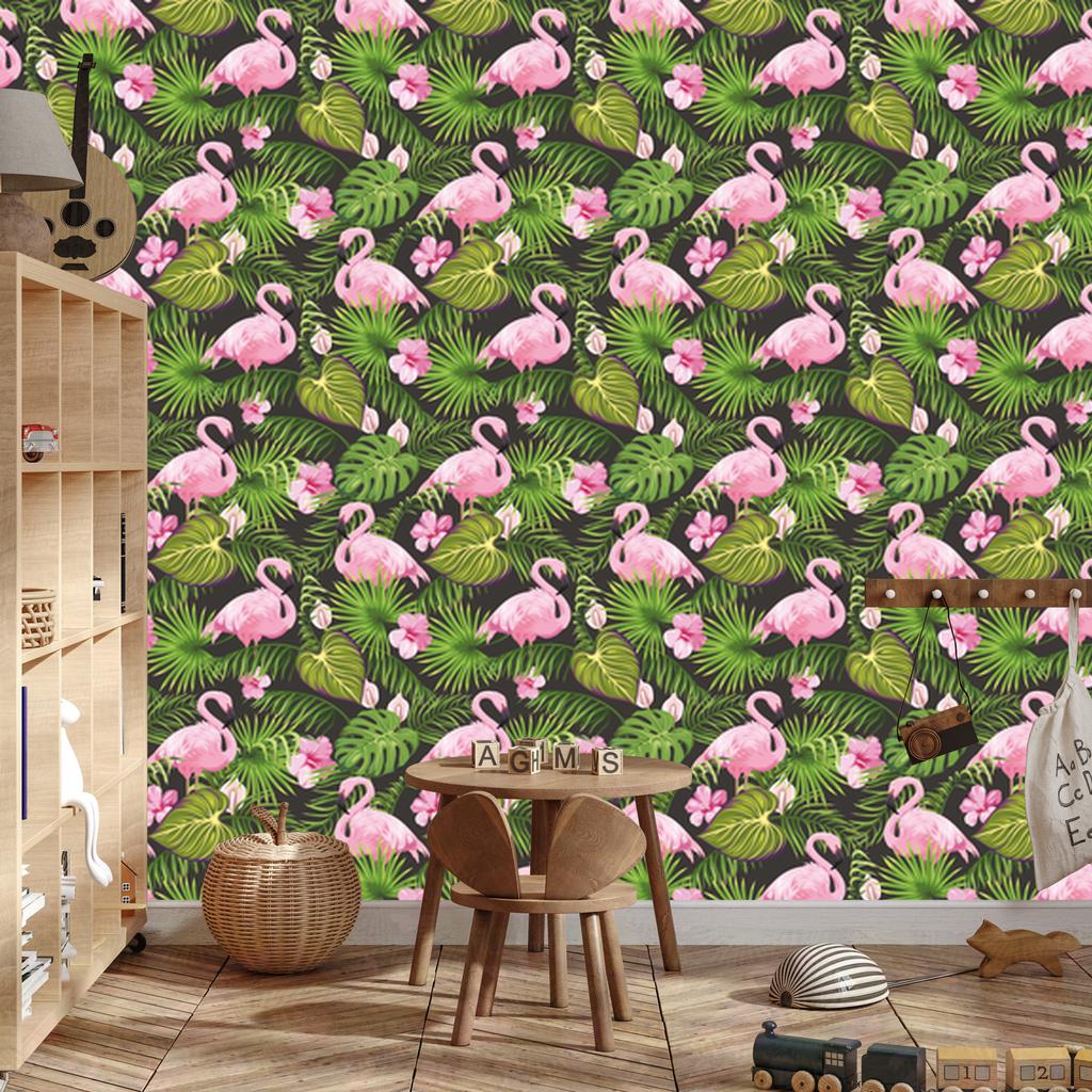 Tropical Flamingos, Leaves and Flowers Wallpaper for Living Room and Bedroom 50x1000
