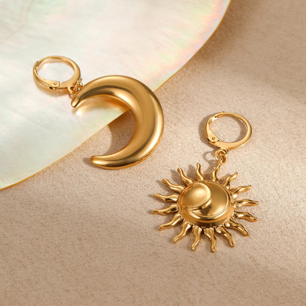 Stainless Steel Geometric Moon And Sun Earrings For Women, French Retro High-End Jewelry Gift