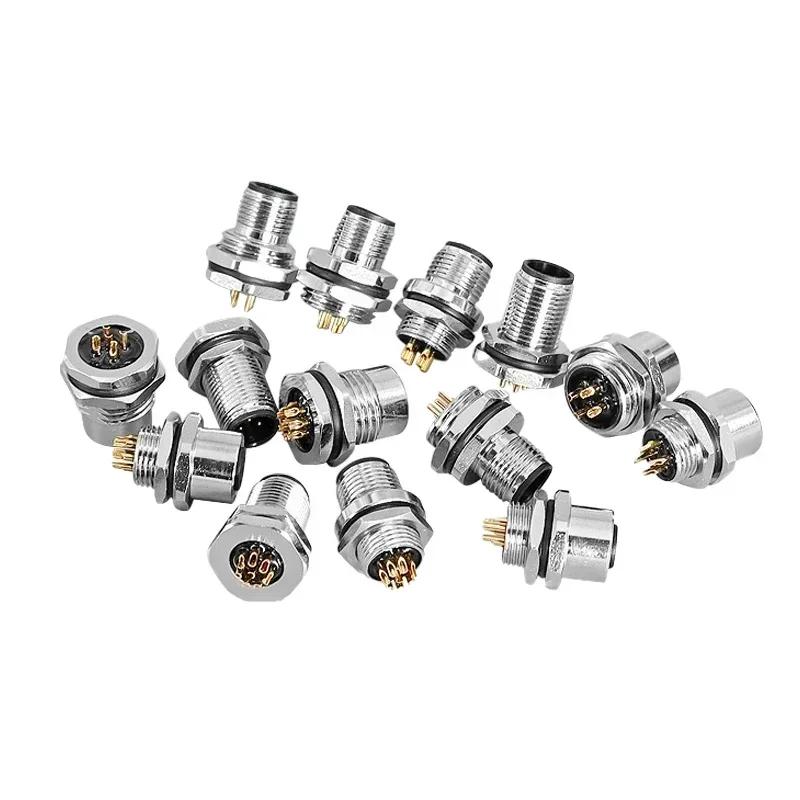 M12 Flange Mounting Sensor Connector  Front/rear Panel Waterproof Male&female Plug Screw Threaded Coupling 4 5 8Pin  Connectors