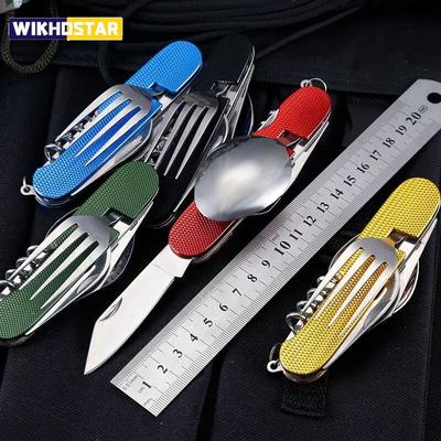 Faltbares Geschirr Messer Löffel Gabel 4-In-1 Esslöffel Edelstahl Flaschenöffner Outdoor Camping Obstmesser Klappmesser