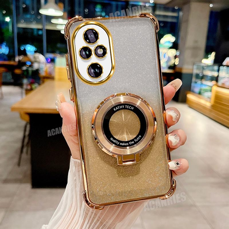 Honor200 Luxury Plating Holder Case For Huawei Honor 200 Pro 300 90 Lite 70 50 90pro Shockproof Silicone Stand Cover Honor90