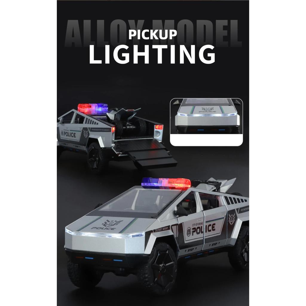1/24 Tesla Police Cybertruck Off Road Alloy Metal Diecast Model Car Outdoor Collections Classic Trendy Toy Decorations Valentine Kids