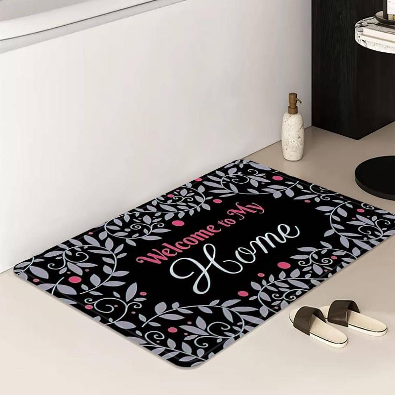 Leaf & Letter Patterned Home Welcome Print Door Mat Absorbent Quick-Drying Non-Slip Entrance Carpet for Living Room Bedroom Rug