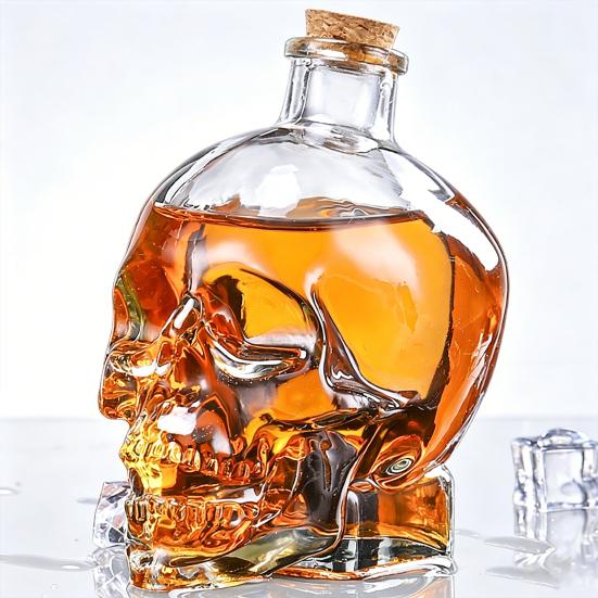 Karafka na whiskey ve tvaru lebky, 3D skleněná láhev na alkohol se zátkou, Novinkový dávkovač vína pro domácí bar, Jedinečný gotický dárek pro muže
