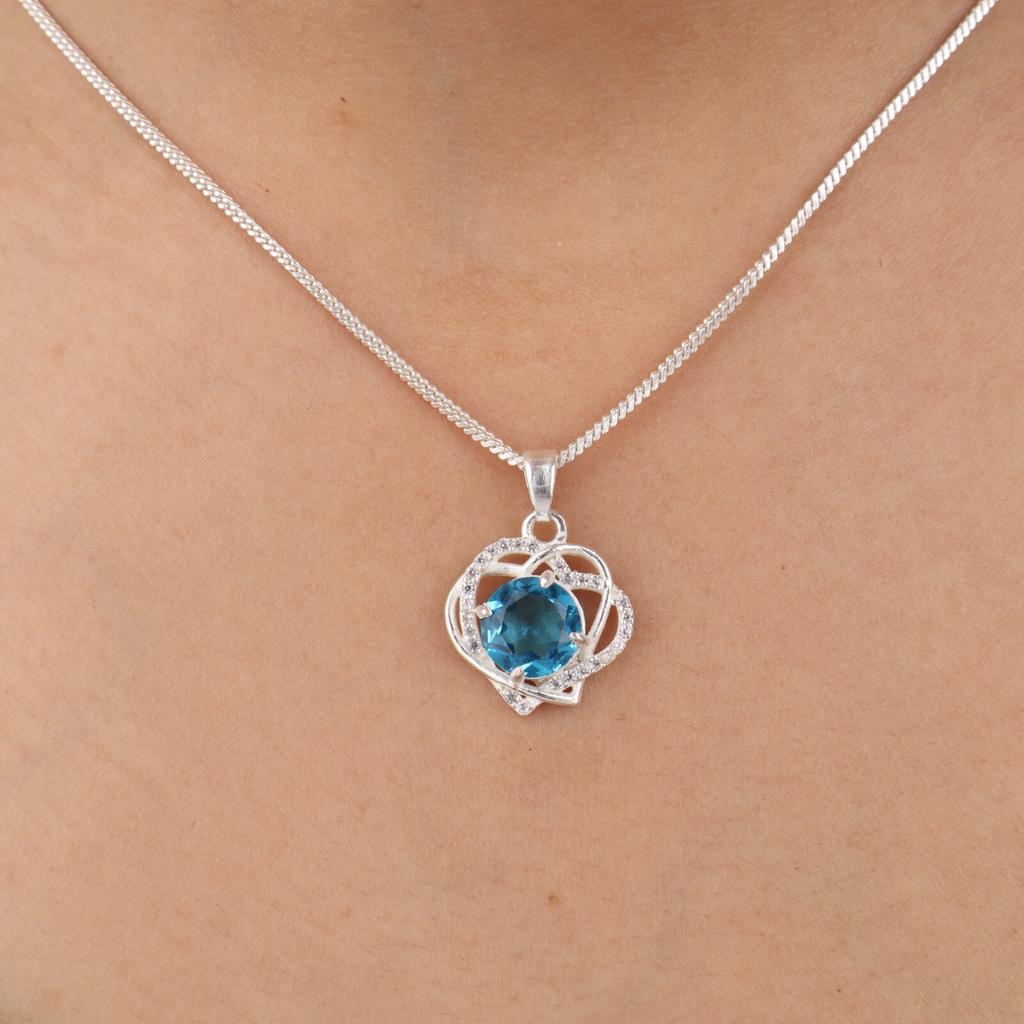 Round Swiss Blue Topaz Gemstone 925 Sterling Silver Jewelry Zircon Pendant 0.84" CZP-14-11