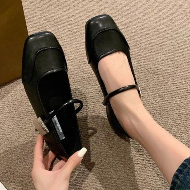 Retro square toe flat shoes for spring summer new women's solid color versatile casual breathable single shoes